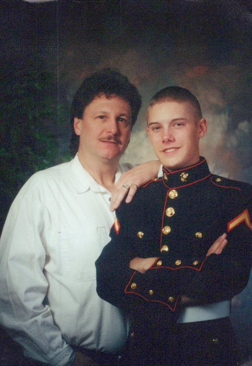 Mike standing beside Shane in Marine Corps dress blues